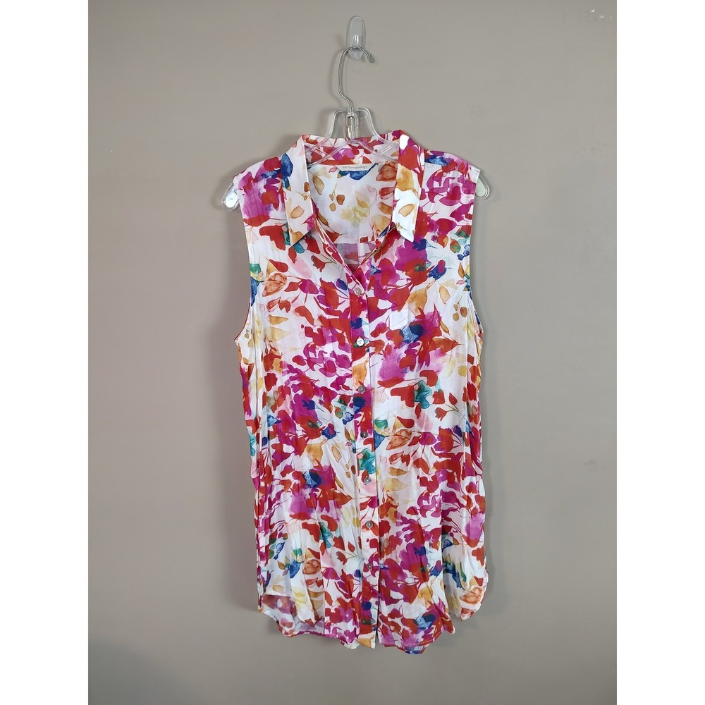 Soft Surroundings Womens Sleeveless Floral Watercolor Tunic Button Top 29724